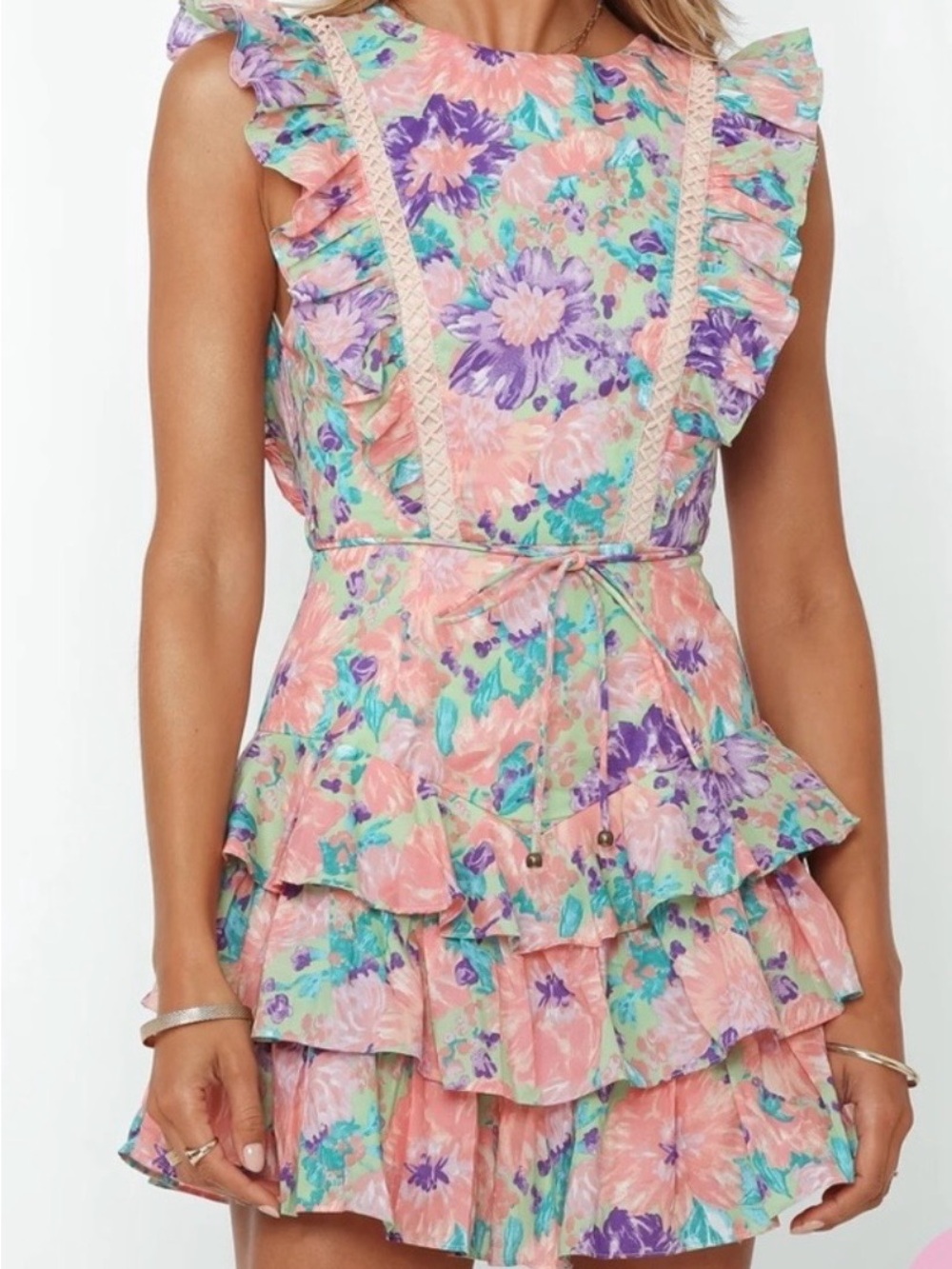 Floral Ruffle Tiered Mini Hidden Romper Dress in pink & Lavender